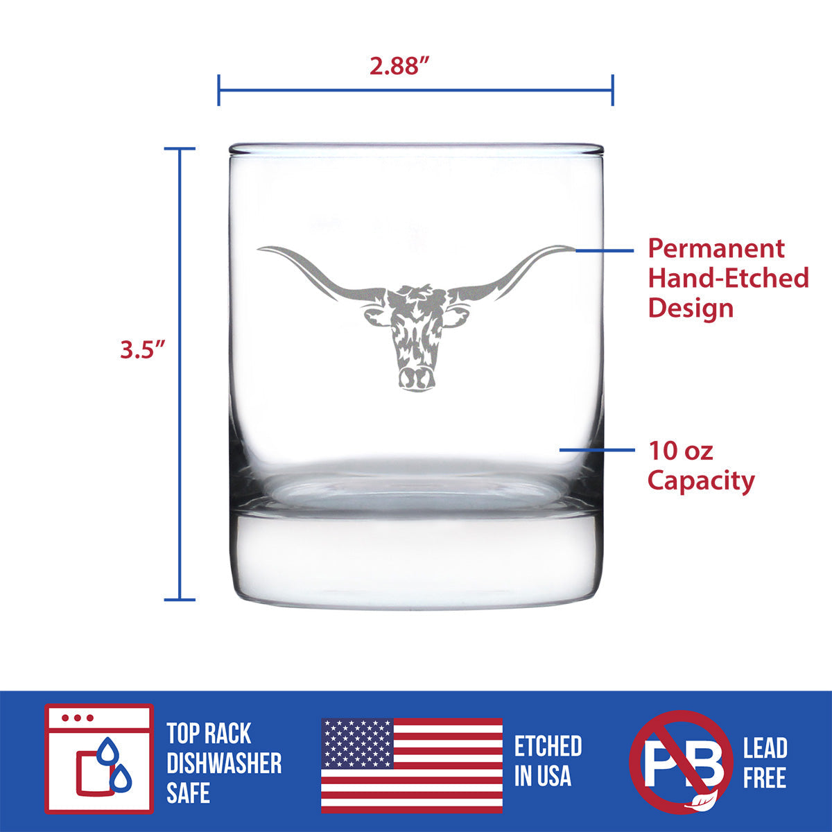 Longhorn Whiskey Rocks Glass - Western Themed Farm Decor and Gifts for Texan Ranchers - 10.25 Oz Glasses